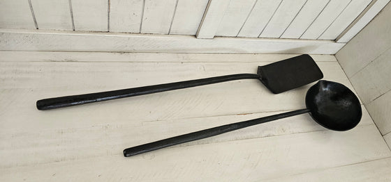 Single piece forge texture handle long reach BBQ spatula and spoon